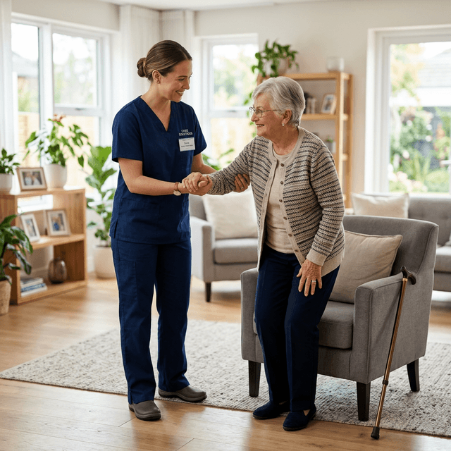 Illustrative image of a home caregiver supporting an older adult