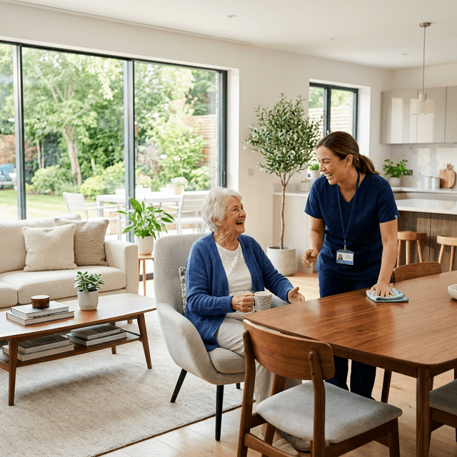 Illustrative image of a personal care aide speaking with an older adult at home