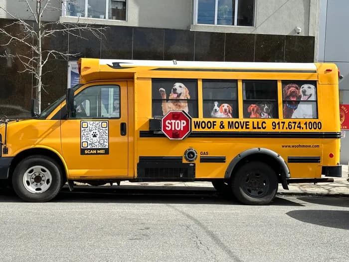 Yellow Woof & Move doggy bus in Brooklyn